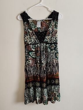 Forbidden Y2K Sleeveless Floral & Animal Print Midi Dress in Teal and Brown